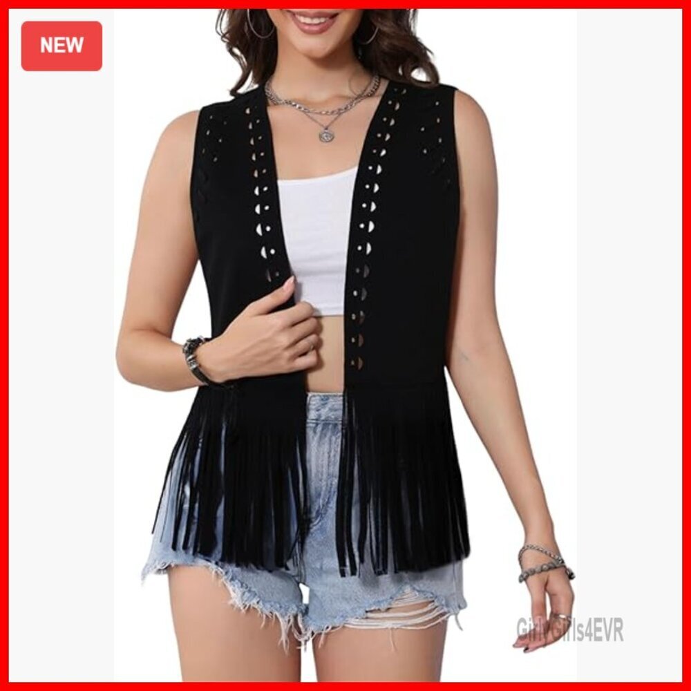 Women's Faux Suede Fringe Vest Western Sleeveless Jacket Festival Layering